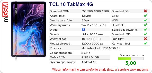 Dane telefonu TCL 10 TabMax 4G Dane telefonu TCL 10 TabMax 4G