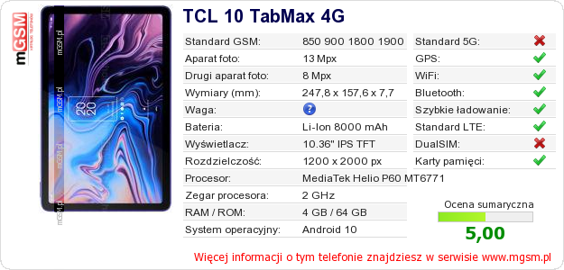 Dane telefonu TCL 10 TabMax 4G