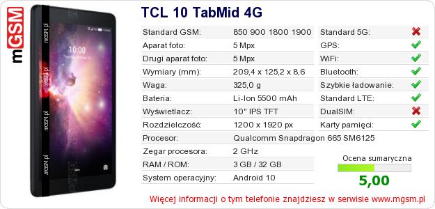 Dane telefonu TCL 10 TabMid 4G
