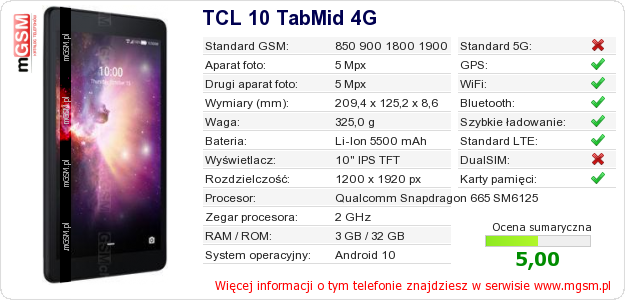 Dane telefonu TCL 10 TabMid 4G