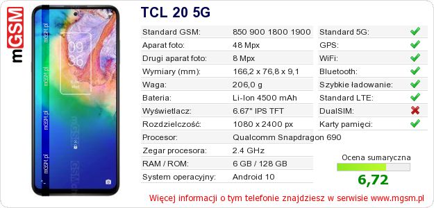 Dane telefonu TCL 20 5G