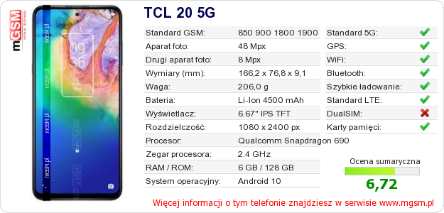 Dane telefonu TCL 20 5G