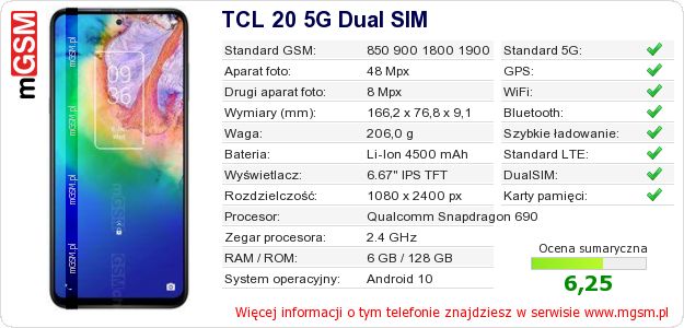 Dane telefonu TCL 20 5G Dual SIM