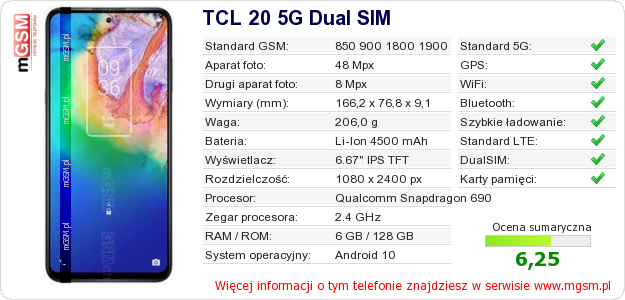 Dane telefonu TCL 20 5G Dual SIM