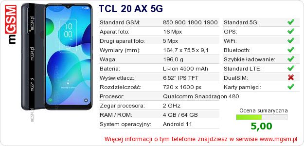 Dane telefonu TCL 20 AX 5G Dane telefonu TCL 20 AX 5G