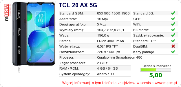 Dane telefonu TCL 20 AX 5G