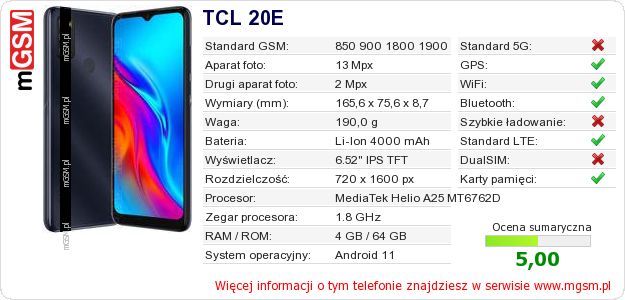 Dane telefonu TCL 20E