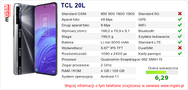 Dane telefonu TCL 20L