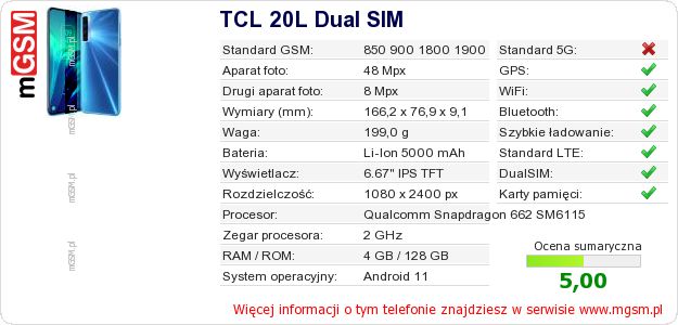 Dane telefonu TCL 20L Dual SIM