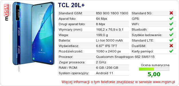 Dane telefonu TCL 20L+