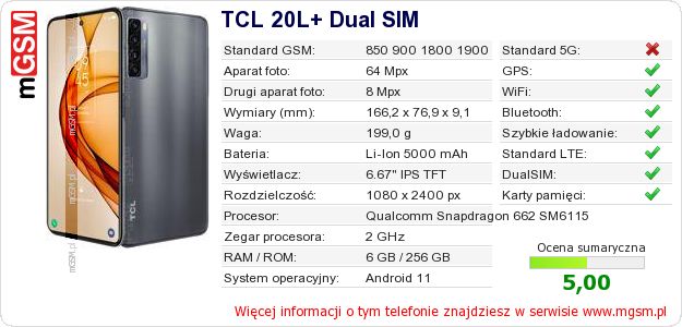 Dane telefonu TCL 20L+ Dual SIM