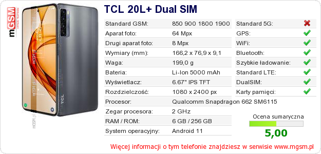 Dane telefonu TCL 20L+ Dual SIM