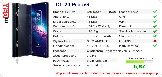 Dane telefonu TCL 20 Pro 5G Dane telefonu TCL 20 Pro 5G