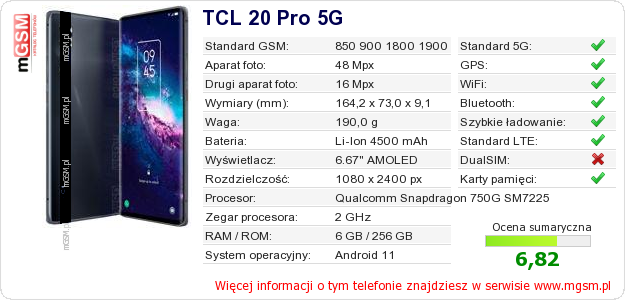 Dane telefonu TCL 20 Pro 5G