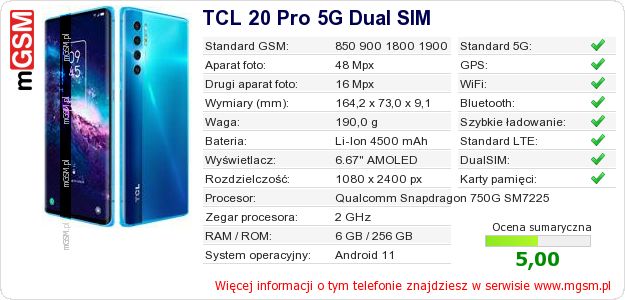Dane telefonu TCL 20 Pro 5G Dual SIM