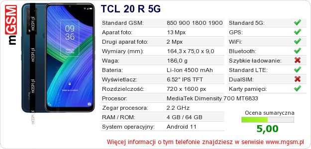 Dane telefonu TCL 20 R 5G Dane telefonu TCL 20 R 5G