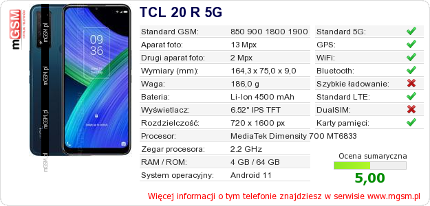 Dane telefonu TCL 20 R 5G