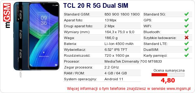 Dane telefonu TCL 20 R 5G Dual SIM Dane telefonu TCL 20 R 5G Dual SIM