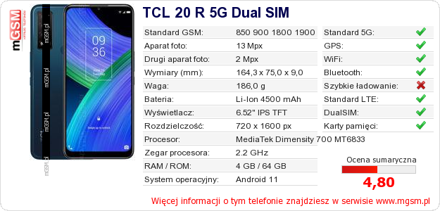 Dane telefonu TCL 20 R 5G Dual SIM