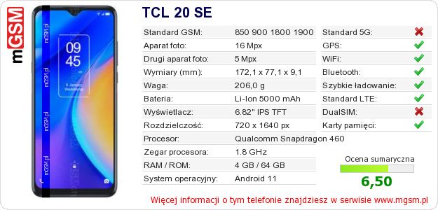 Dane telefonu TCL 20 SE Dane telefonu TCL 20 SE