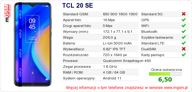 Dane telefonu TCL 20 SE