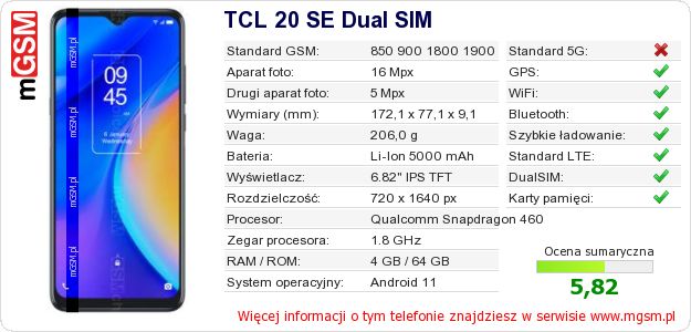 Dane telefonu TCL 20 SE Dual SIM Dane telefonu TCL 20 SE Dual SIM
