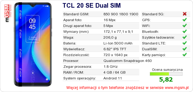 Dane telefonu TCL 20 SE Dual SIM