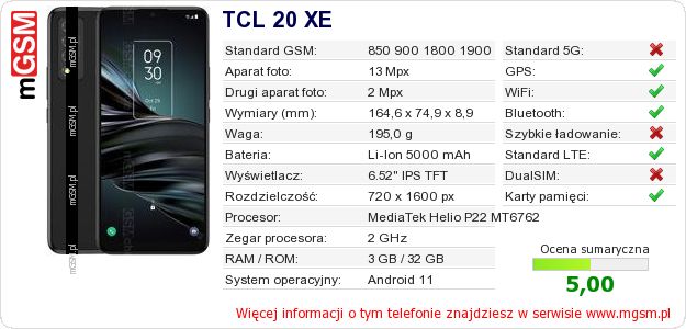 Dane telefonu TCL 20 XE Dane telefonu TCL 20 XE