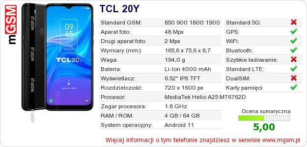 Dane telefonu TCL 20Y