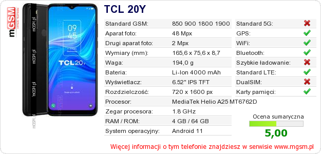 Dane telefonu TCL 20Y