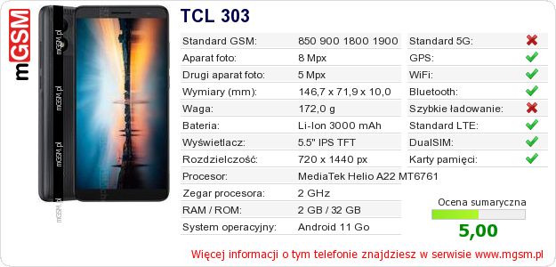 Dane telefonu TCL 303