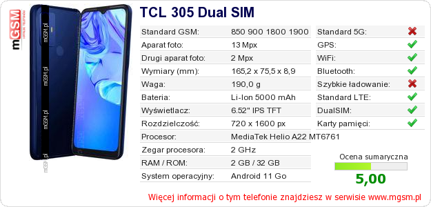 Dane telefonu TCL 305 Dual SIM