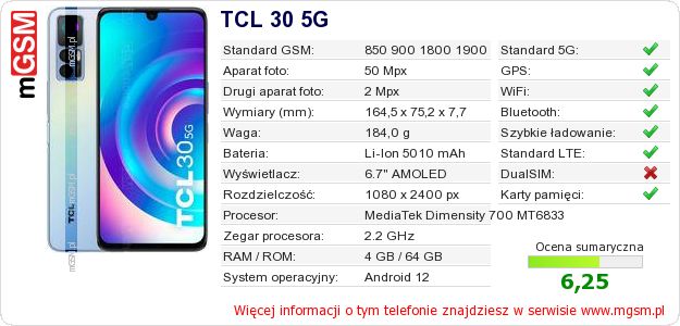 Dane telefonu TCL 30 5G Dane telefonu TCL 30 5G