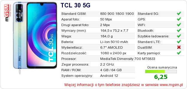 Dane telefonu TCL 30 5G