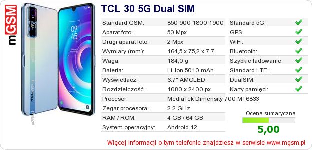 Dane telefonu TCL 30 5G Dual SIM Dane telefonu TCL 30 5G Dual SIM