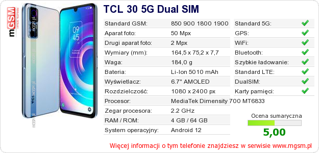 Dane telefonu TCL 30 5G Dual SIM Dane telefonu TCL 30 5G Dual SIM