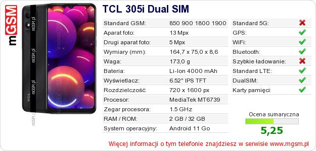 Dane telefonu TCL 305i Dual SIM