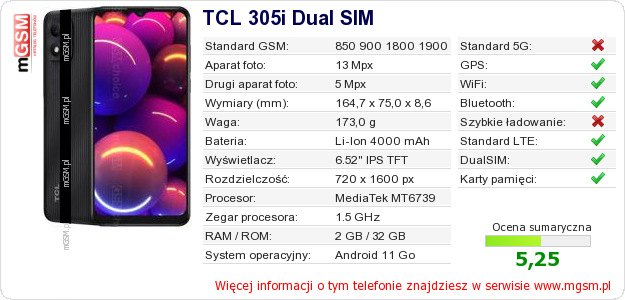 Dane telefonu TCL 305i Dual SIM