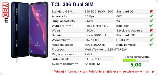 Dane telefonu TCL 306 Dual SIM