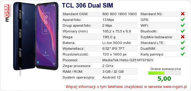 Dane telefonu TCL 306 Dual SIM