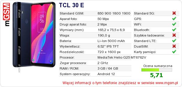 Dane telefonu TCL 30 E Dane telefonu TCL 30 E