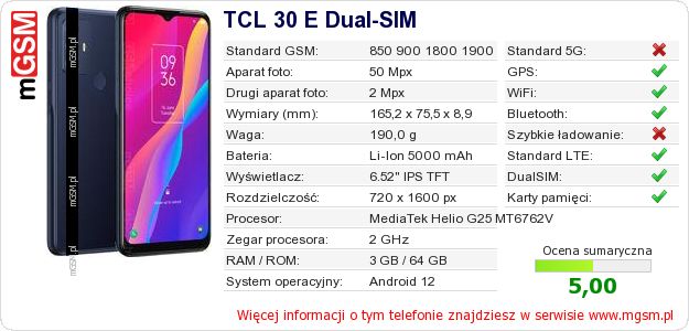 Dane telefonu TCL 30 E Dual-SIM Dane telefonu TCL 30 E Dual-SIM