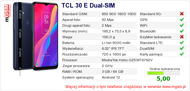 Dane telefonu TCL 30 E Dual-SIM