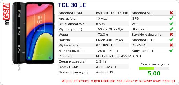 Dane telefonu TCL 30 LE