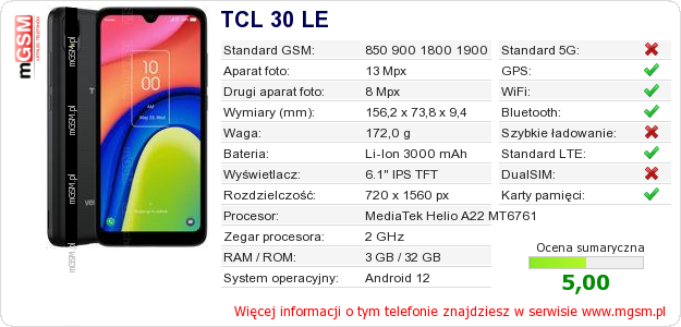 Dane telefonu TCL 30 LE