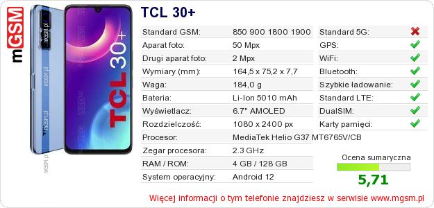 Dane telefonu TCL 30+ Dane telefonu TCL 30+