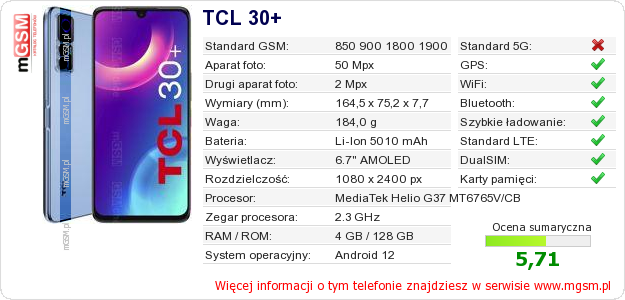 Dane telefonu TCL 30+