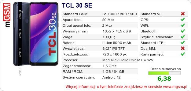 Dane telefonu TCL 30 SE Dane telefonu TCL 30 SE