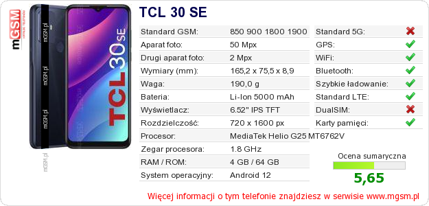 Dane telefonu TCL 30 SE
