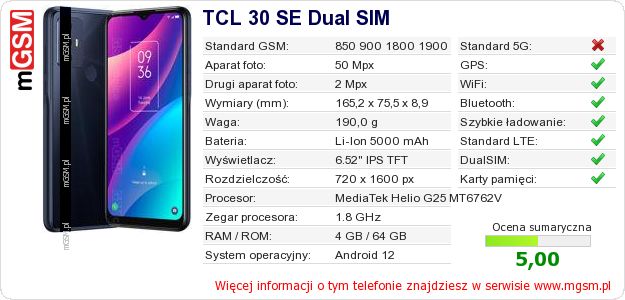 Dane telefonu TCL 30 SE Dual SIM